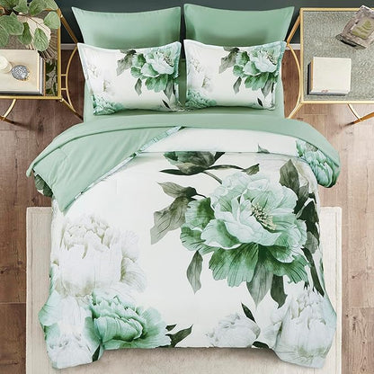 Dobuyly Green Comforter Set King Size 7 Piece Bed in a Bag King, Sage Green Floral Printed Comforter Set with Sheets, Soft Microfiber Botanical Flower Complete Bedding Set for All Season