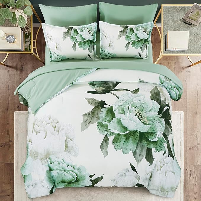 Dobuyly Green Queen Comforter Set 7 Piece Bed in a Bag Queen, Sage Green Floral Printed Comforter Set with Sheets, Soft Microfiber Botanical Flower Complete Bedding Set for All Season