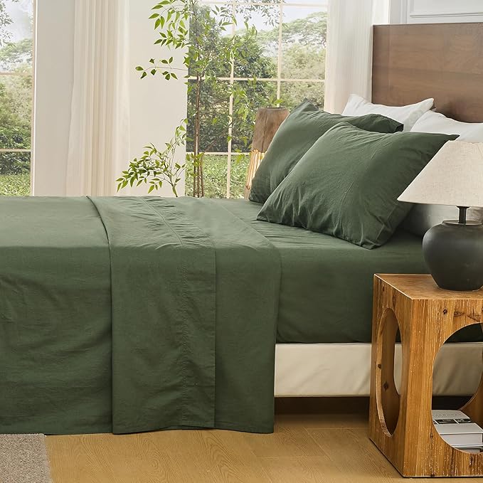 Bedlifes 100% French Linen Sheets King Size 18-24”Extra Deep Pocket 4-Piece Set Breathable & Moisture-Wicking,Soft & Durable Sheets for Thick Mattresses((Forest Green)