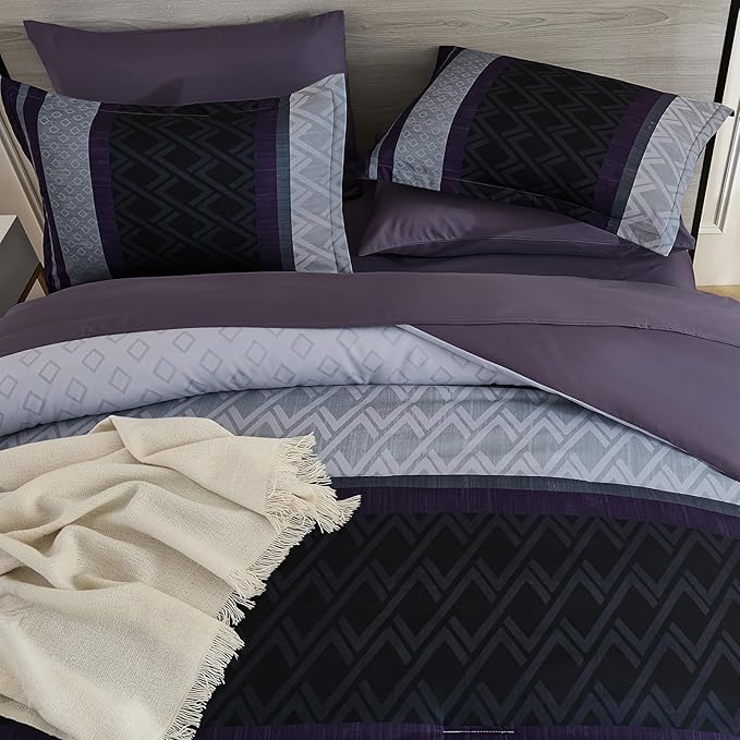 Cottolester King Comforter Set 7 Pieces,Black Purple Boho Striped Bed in a Bag,Soft Microfiber Complete Bedding Sets