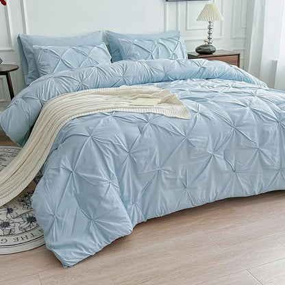 Maple&Stone Light Blue Comforter Set Queen, 7 Pieces Bed in a Bag Queen, Pintuck Bedding with Comforter, Sheets, Pillowcases & Shams - Light Blue