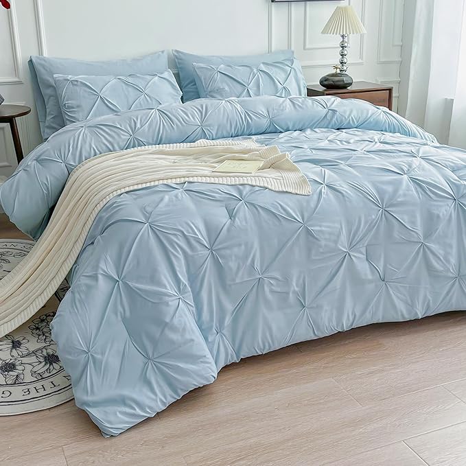 Maple&Stone Full Size Comforter Sets, 7 Pieces Bedding Sets Full, Pintuck Bed in a Bag Bed Set with Comforter, Sheets, Pillowcases & Shams - Light Blue