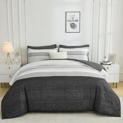 Drucon Black and Grey Comforter Set King Size 7 Piece Bed in a Bag, Boho Striped Bedding Set, Soft Microfiber Comforter and Sheet Set for All Season (King, 104"x90")