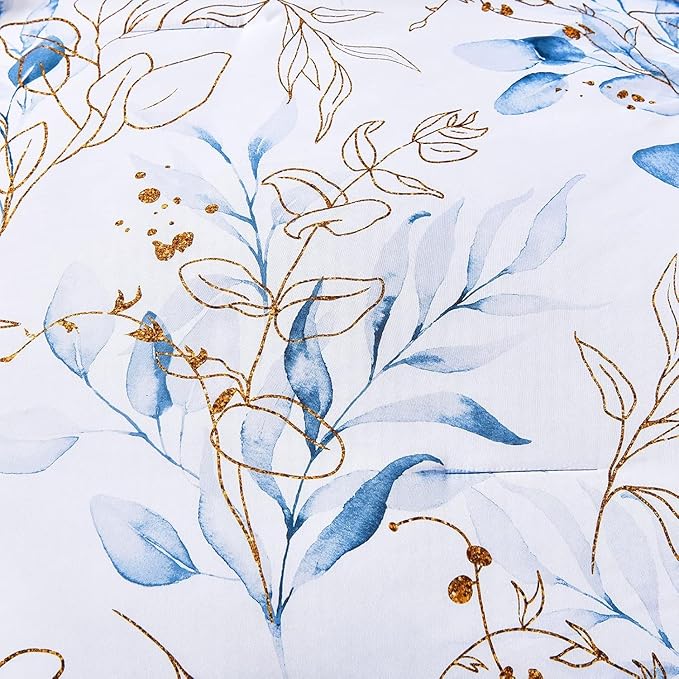 WONGS BEDDING 7 Pieces Blue Floral Bed in a Bag King, Botanical Comforter Set Reversible Blue Gold Leaves Bedding Set King (1 Comforter,2 Pillowcase,2 Pillow Shams,1 Flat Sheet,1 Fitted Sheet)