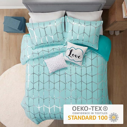 Intelligent Design Raina King / Cal King Comforter Set, Soft Microfiber Comforter Set King, Modern Geometric Metallic Bed Set, 5 Pieces College Bedding Comforter Set with 2 Shams, 2 Toss Pillows Aqua