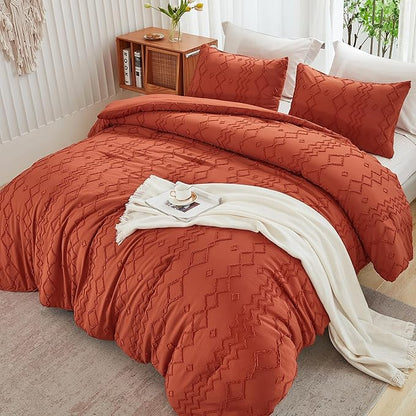 Andency Terracotta Tufted Comforter Set Twin(66x90Inch), 2 Pieces(1 Boho Comforter, 1 Pillowcase) Textured Farmhouse Bed Set, Soft Microfiber Down Alternative Geometric Fall Bedding
