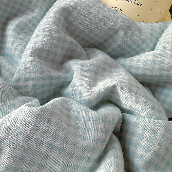 mixinni Light Blue Gingham Comforter Set Full - 3 Piece Soft Washed Microfiber Plaid Bedding Set with Lace Trim, All Seasons Fluffy Comforter & Pillowcases, Farmhouse French Country Aesthetic