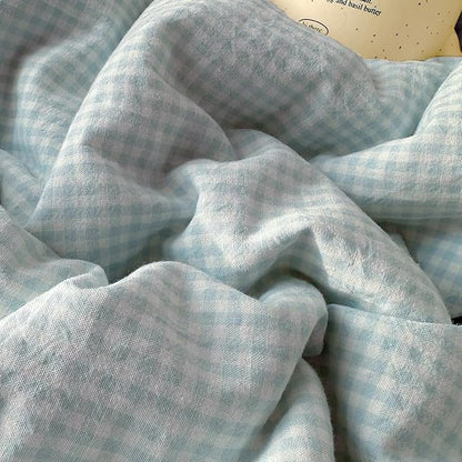 mixinni Light Blue Gingham Comforter Set King - 3 Piece Soft Washed Microfiber Plaid Bedding Set with Lace Trim, All Seasons Fluffy Comforter & Pillowcases, Farmhouse French Country Aesthetic