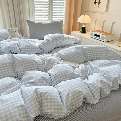 VM VOUGEMARKET Blue Gingham Comforter Set Queen,3 Pieces White Blue Plaid Comforter with 2 Pillowcases for Men Boys Simple Modern Bedding Set (90"x90")