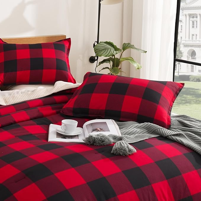 Andency Red and Black Plaid Comforter Set King(104x90Inch), 3 Pieces Buffalo Plaid Checkered Gingham Bedding Comforter Sets, Soft Burgundy Lightweight Geometric Down Alternative Bed Set