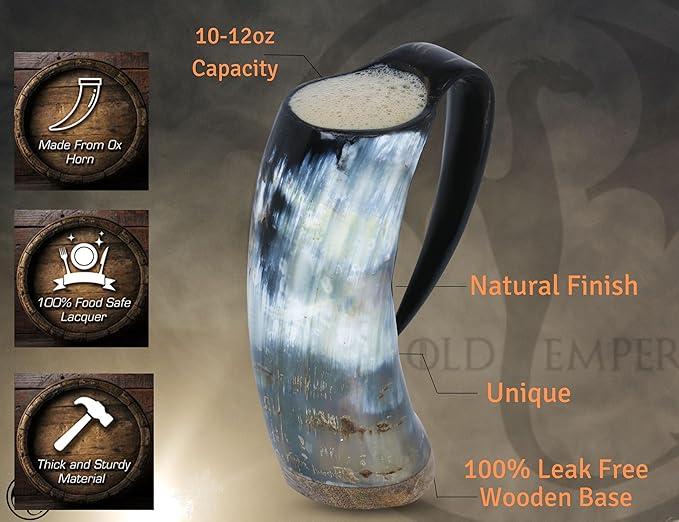 Viking Coffee Mug 12oz | Handcrafted Real Ox Horn | Food Grade Polished Finish | Hot & Cold Drink Safe | Unique Norse Medieval Coffee Mug | Viking Gift for Men & Women (Plain)