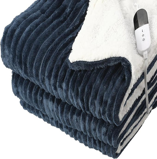 Electric Blanket Heated Throw Blanket, Super Soft Flannel & Sherpa Electric Throw Blanket with 6 Fast Heating Levels, 4 Hours Auto Off & OverHeat Protection, Machine Washable, 50'' X 60'', Navy Blue