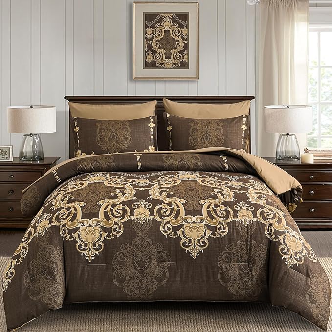 Mybedsoul 7 Pieces Coffee Comforter Set King Size, Damask Bed in a Bag for King Bed, Lightweight Microfiber Boho Bedding Sets with Comforter, Sheet, Pillowcases & Shams for All Season(90"x104")