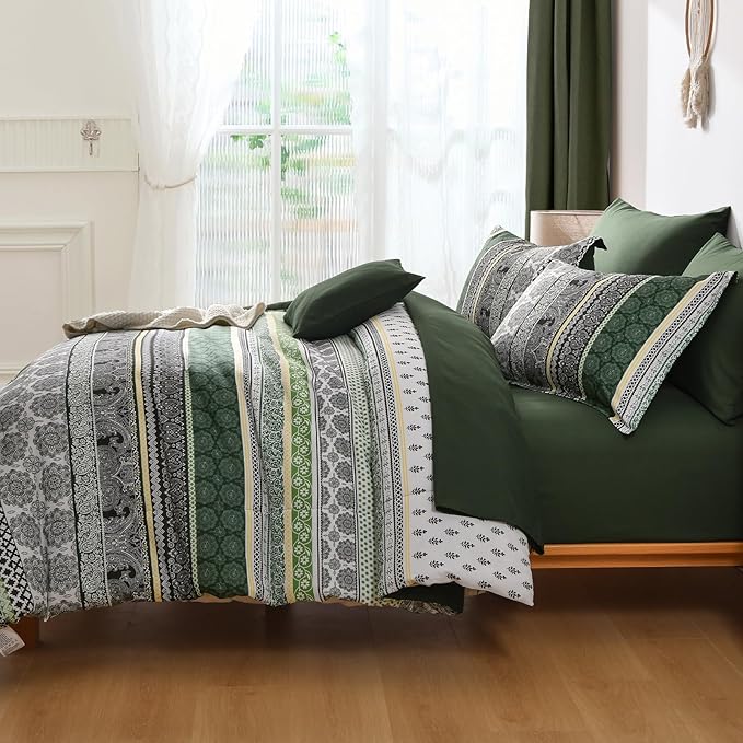 Cottolester Boho Comforter Set King Size,8 Pieces Dark Green Bohemian Striped Bed in a Bag,Paisley Soft Microfiber Bedding Comforter Set