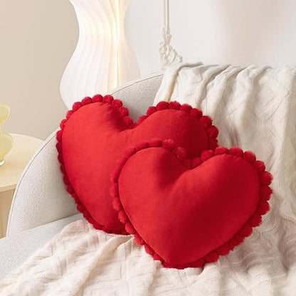 AELS Heart Shaped Pillow, Set of 2, Velvet Throw Pillows, Soft Velvet Love Pillows with Faux Fur Pom Poms, 20 & 16 Inches, Cute Valentines Day Decorations, Wedding Decor, Red