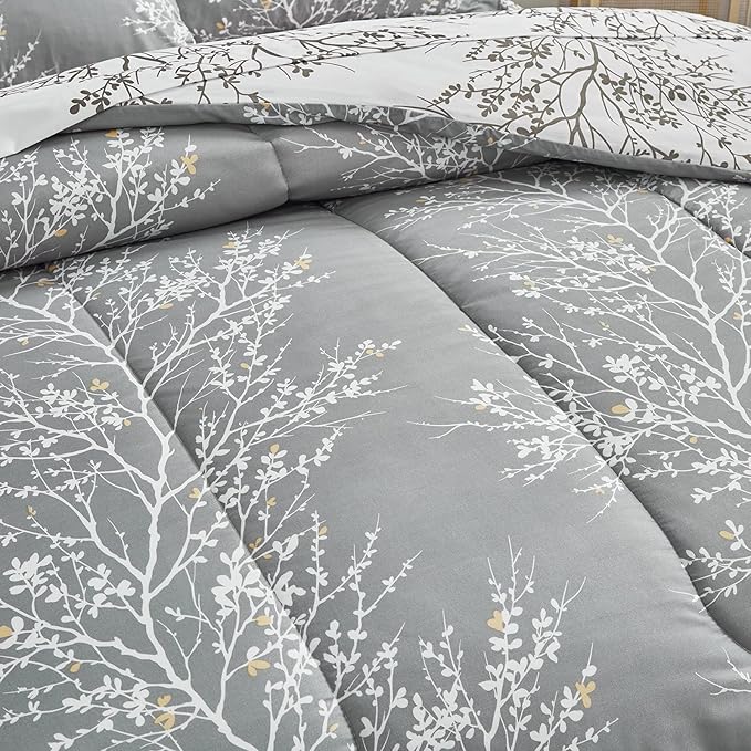UOZZI BEDDING Bed in a Bag 6 Pieces Twin Size Gray Branches Soft Microfiber Reversible Bed Comforter Set (1 Comforter 2 Pillow Shams 1 Flat Sheet 1 Fitted Sheet 1 Pillowcases)