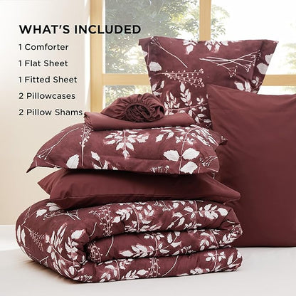 Bedsure King Size Comforter Set - 7 Pieces Floral Burgundy Soft Bedding Sets, King Bed in a Bag with Botanical Flowers Comforter, Sheets, Pillowcases & Shams
