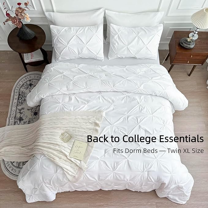 Maple&Stone Twin XL Comforter Set, 5 Pieces Twin XL Bedding Set, Pinch Pleat Bed in a Bag Twin XL with Comforter, Sheets, Pillowcase & Sham - White