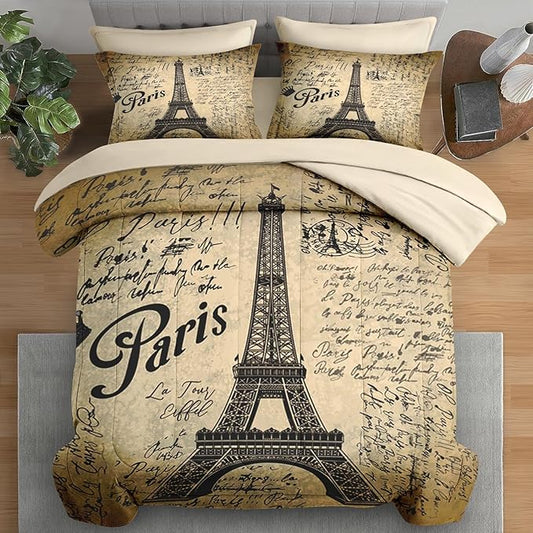 Comforter Set Full Size, Paris Eiffel Tower 7 Pcs Bedding for Kids and Adults, Love Retro Brown Bed Sheet Sets with Fitted Sheet 2 Pillowcases & 2 Shams for Bedroom Bed Decor