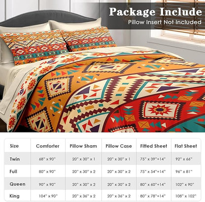 Comforter Set Queen Size, Colorful Tribal Mexico 7 Pcs Bedding for Kids and Adults, Mexican Aztec Sun Bed Sheet Sets with Fitted Sheet 2 Pillowcases & 2 Shams for Bedroom Bed Decor