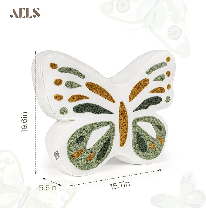 AELS Butterfly Pillow, Tufted Decorative Throw Pillows, 19.6" x 15.7", Soft Plush Stuffed Animal, Cute Pillow for Living Room, Bedroom, Sage Green