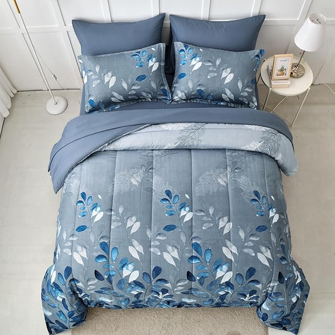 7 Piece Blue Botanical Bed in a Bag King Floral Comforter Set - Elegant Gradient Leaves Bedding Set for All Season (1 Comforter, 2 Pillow Shams, 2 Pillowcases, 1 Flat Sheet, 1 Fitted Sheet)