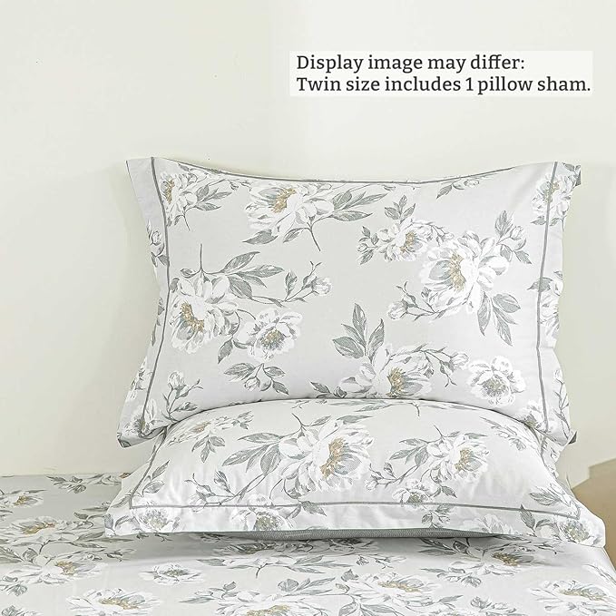 Floral Cotton Comforter Twin Size - Light Grey Comforter Printed with Vintage Ivory Flowers & Dark Yellow Stamens,Reversible Lightweight Bedding Sets 2Pcs(68"×90")