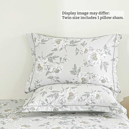 Floral Cotton Comforter Twin Size - Light Grey Comforter Printed with Vintage Ivory Flowers & Dark Yellow Stamens,Reversible Lightweight Bedding Sets 2Pcs(68"×90")