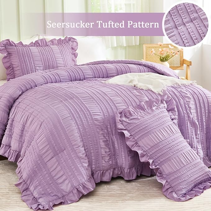 WONGS BEDDING Purple Comforter Set Queen,3 Pieces Ruffle Farmhouse Shabby Chic Comforter for Queen Bed,Soft Seersucker Textured Boho Bedding Set with 1 Ruffle Comforter,2 Tufted Pillowcases 90"×90"