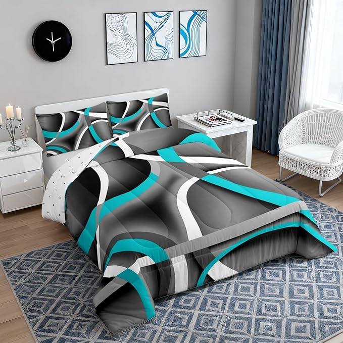 Castle Fairy Retro Circle Comforter Set Queen Size Blue Gray Black Bedding Set for Kids Boys Girls Bedroom Decoration Stripe Line Art Bed Duvet Insert Geometric Modern Comforter with 2 Pillowcase