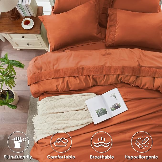 Anluoer Burnt Orange King Comforter Set 7 Pieces, Bed in a Bag with Sheets, All Season Bedding Sets with 1 Comforter, 2 Pillow Shams, 2 Pillowcases, 1 Flat Sheet, 1 Fitted Sheet
