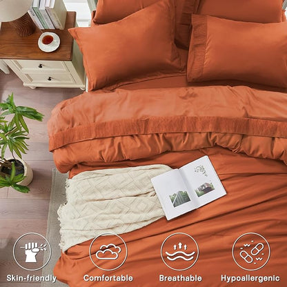 Anluoer Burnt Orange Queen Comforter Set 7 Pieces, Bed in a Bag with Sheets, All Season Bedding Sets with 1 Comforter, 2 Pillow Shams, 2 Pillowcases, 1 Flat Sheet, 1 Fitted Sheet