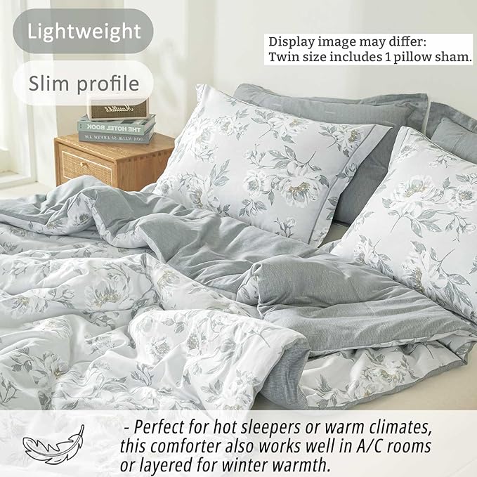 Floral Cotton Comforter Twin Size - Light Grey Comforter Printed with Vintage Ivory Flowers & Dark Yellow Stamens,Reversible Lightweight Bedding Sets 2Pcs(68"×90")