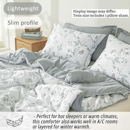 Floral Cotton Comforter Twin Size - Light Grey Comforter Printed with Vintage Ivory Flowers & Dark Yellow Stamens,Reversible Lightweight Bedding Sets 2Pcs(68"×90")