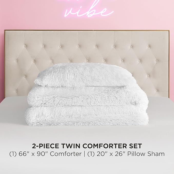 Juicy Couture Shaggy Faux Fur White Twin/Twin XL Comforter Set - Soft and Cozy 2-Piece Machine Washable Bedding Comforter and Sham Set