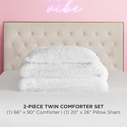 Juicy Couture Shaggy Faux Fur White Twin/Twin XL Comforter Set - Soft and Cozy 2-Piece Machine Washable Bedding Comforter and Sham Set