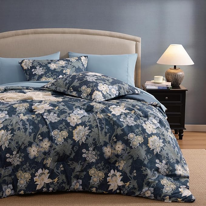 Queen Comforter Set -7 Pieces Floral Antique Blue Comforter Set for All Seasons, Bed in a Bag Queen with Botanical Flowers Comforter, Sheets, Pillowcases & Shams