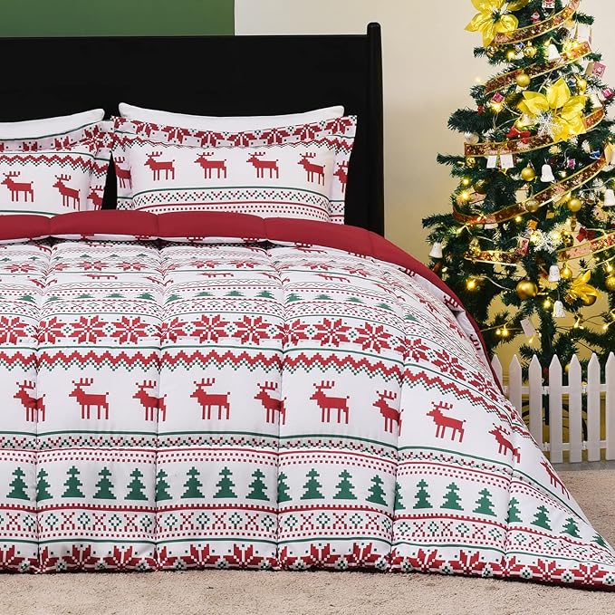 downluxe Christmas Comforter Set King with 2 Pillow Shams - Christmas Decoration King Comforter Set with Reindeer and Snowflake Patterns - King Size Comforter Set(3-Piece Set)