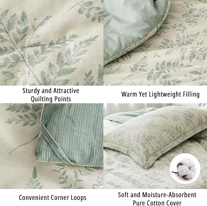 Botanical Cotton Comforter King Size - Dusty Green Comforter Printed with Luxrious Greyish-Green Ferns on Beige,Reversible Lightweight Bedding Sets 3Pcs(104"×90")