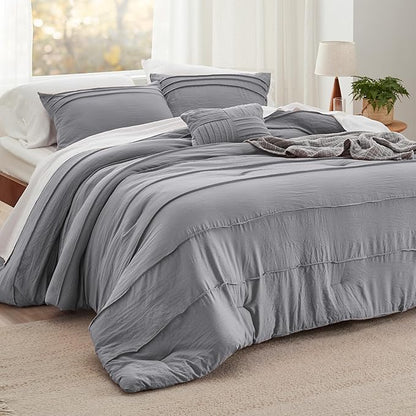 Bedsure King Comforter Set - 4 Pieces Pinch Pleat Bed Set, Grey Boho Bedding for All Season, 1 Soft Comforter, 2 Pillowcases, 1 Decorative Pillow
