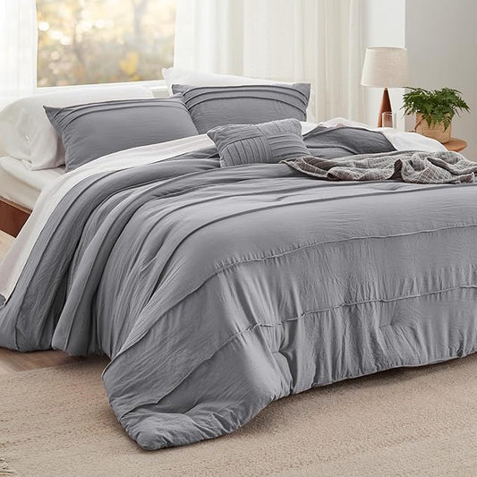 Bedsure King Comforter Set - 4 Pieces Pinch Pleat Bed Set, Grey Boho Bedding for All Season, 1 Soft Comforter, 2 Pillowcases, 1 Decorative Pillow