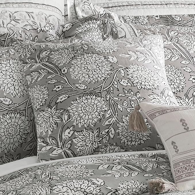Levtex Home – Adare Grey Decorative Pillow – 18x18in – Feather Filled Throw Pillow – Floral Pattern – Grey and White – Zipper Closure