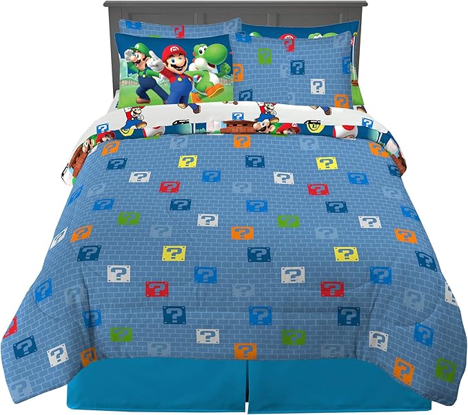 Super Mario Bros Kids Bedding Super Soft Cozy Comforter and Sheet Set with Sham, 7 Piece Full Size Nintendo Gamer Bed Set, (100% Officially Licensed Product) by Franco