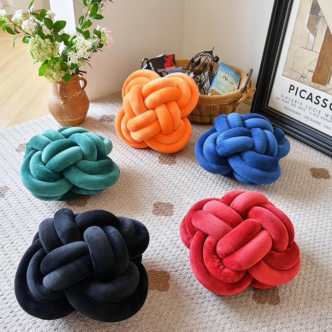 Xuyier Knot Pillow Ball, Decorative Throw Pillows with Velvet Fabric for Couch Bed, 12" Decor Knotted Square Floor Pillow Cushions for Living Room (12 Inches, Dark Green)