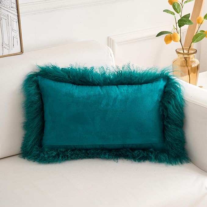 Genuine Mongolian Lamb Fur Pillow Cover – 12"x20" Rectangular Cushion Case – Soft Curly Wool Decorative Accent for Sofa, Bed, or Chair(Teal)