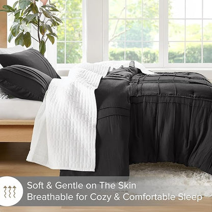 Comfort Spaces Black Queen Size Comforter Set - 3 Pieces Pintuck Pleated Bedding Sets Queen, All Season Lightweight, Extra Softness Pre-Washed Microfiber Queen Bed Set, Shams, Full/Queen