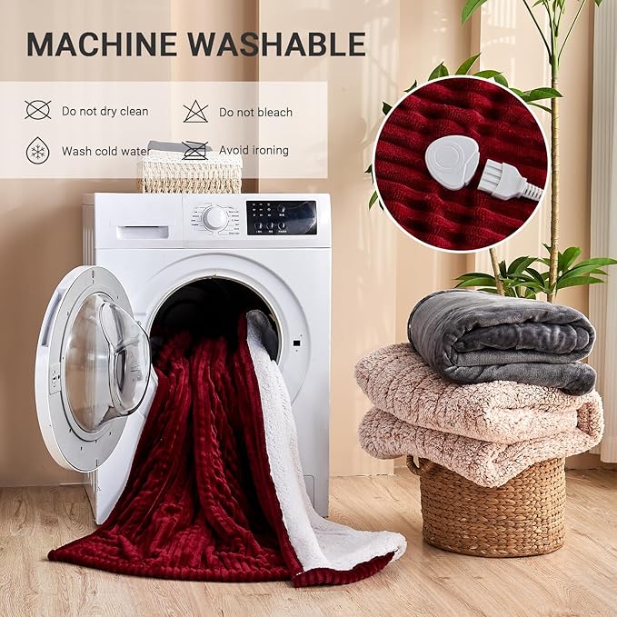 Heated Blanket Electric Full, Soft Flannel Heating Blanket with 8 Hours Auto Off 10 Fast Heating Levels Machine Washable Sherpa Heated Blanket with Overheating Protection