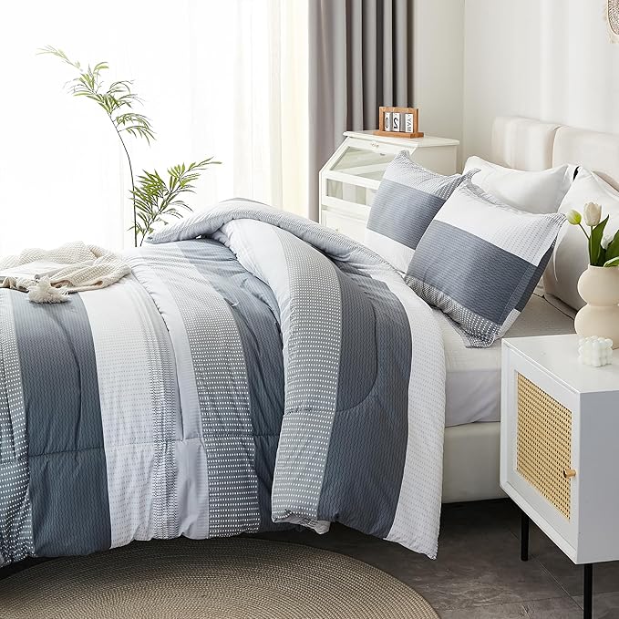 Litanika Light Grey California King Comforter Set, 3 Pieces Cal King Lightweight Gray White Colorblock Stripe Bedding Comforter Sets, Fluffy Bed Set