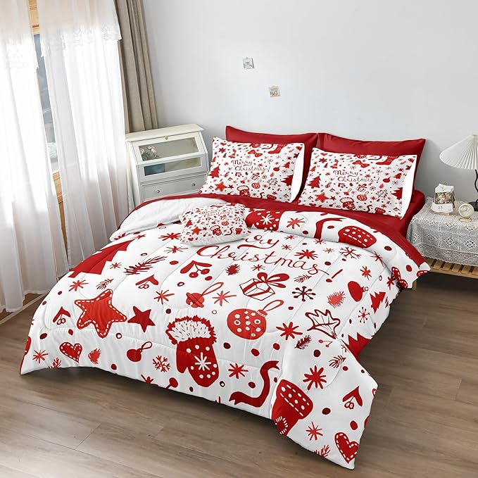 Merry Christmas Comforter King White Red Bedding Set Cute Christmas Tree Gift Xmas Stocking Pattern Snowflake Winter Theme Boys Girls Holiday Bed in A Bag