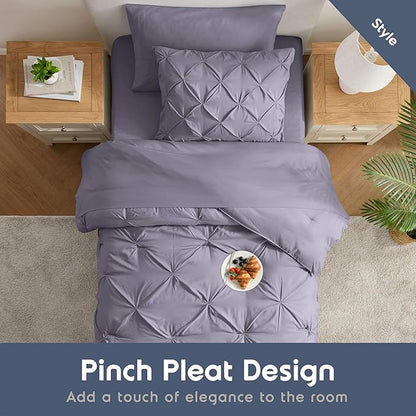 Nestl Twin XL Comforter Set 5 Piece - Pintuck Twin XL Bedding Set Dusty Purple, College Dorm Essentials Bed in a Bag, Twin XL Comforter Set for College Girls and Boys with Sheets, Pillowcase and Sham